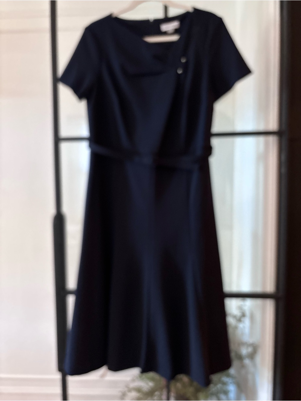 Classic Short-Sleeve Midi Navy Dress